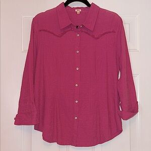 Reba Lucia Western Fringe Top/Shirt LG NWT Pink Button-Up Coastal Cowgirl